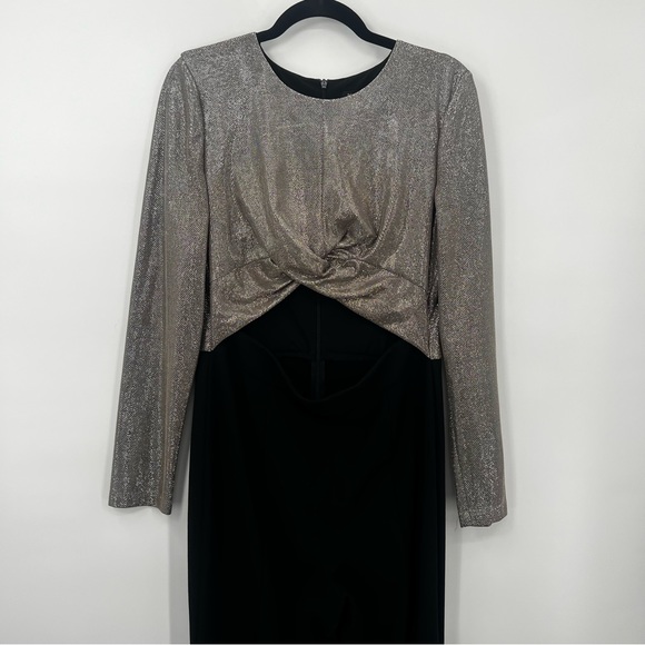 Black Halo Angie Flared Leg Jumpsuit Cutout Metallic Silver Bodice Romper 12 - Picture 13 of 17